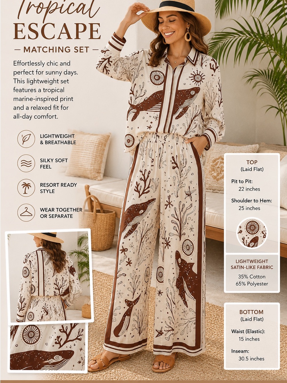 Tropical Escape Wide-Leg Jumpsuit in Cream & Brown - Matching Set
